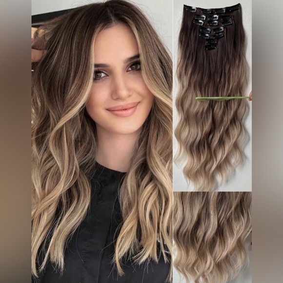 22 Inch Balayage Brown & Blonde Clip in Curly Hair Extensions Set - human blend - Picture 1 of 9